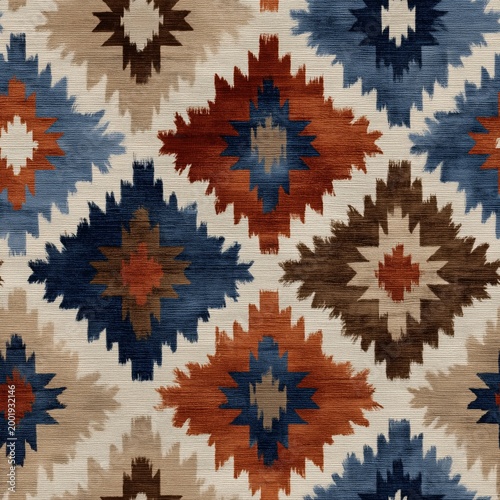 A colorful textile with a geometric Southwestern-inspired pattern featuring diamond shapes in blue, red, brown, and beige tones.