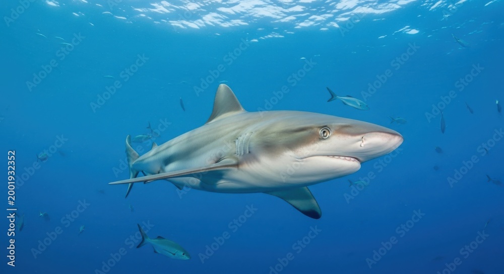 Fototapeta premium Shark swimming in clear blue ocean water with small fish
