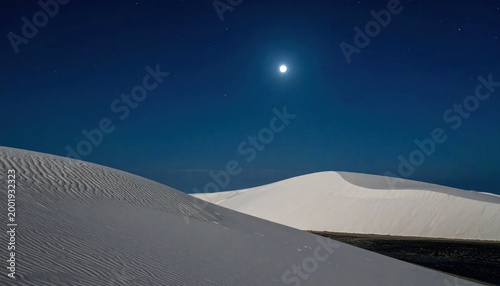 White gypsum sand dunes under moonlight in desert landscape at night, serene atmospheric night sky, peace, vast nature, solitude