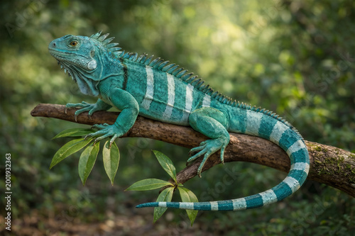 Bright green Fiji banded iguana on a mossy branch