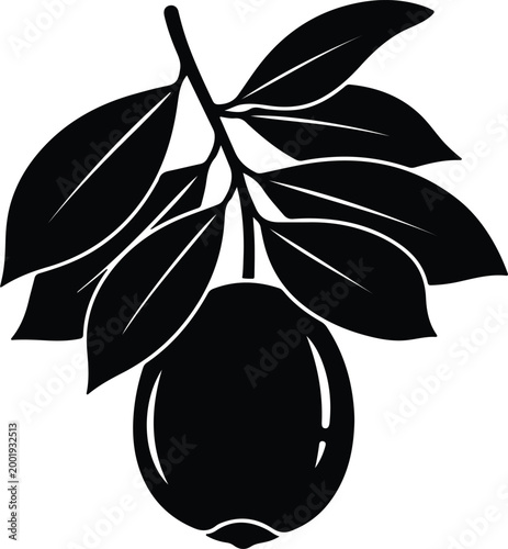 Silhouette vector guava fruit on a branch with green leaves design