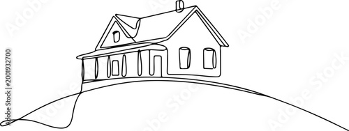 Minimalist continuous line house on hill landscape home exterior concept abstract single line drawing modern outline illustration