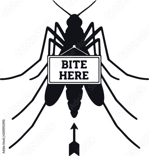 Mosquito with bite here sign and arrow, insect vector illustration, warning symbol, medical concept.