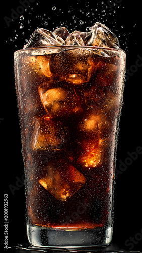 A refreshing glass of cold cola soda with ice cubes and bubbles creates a fresh brown liquid splash in an isolated beverage drink
