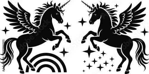 Black silhouette winged unicorn pair rearing with stars and rainbow fantasy illustration design