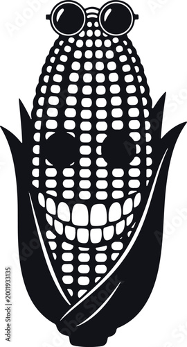Cute cartoon corn cob wearing sunglasses and smiling with a funny happy face, representing food and summer fun.