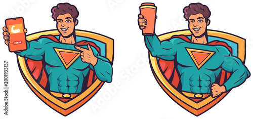 Cartoon character in his superhero suit holding a protein drink and fitness mobile app. Cheerful humorous mascot with a shield