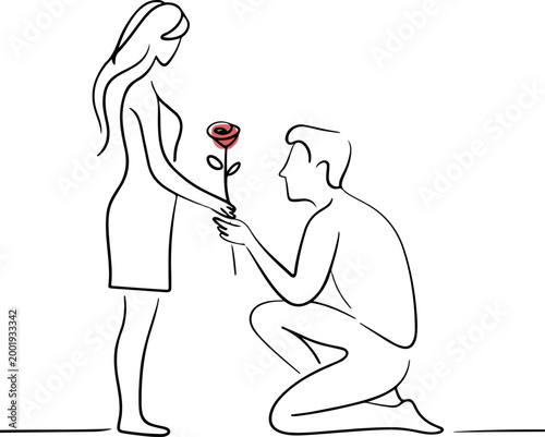 Minimalist continuous line proposal man giving rose romantic couple love concept abstract single line drawing modern outline illustration