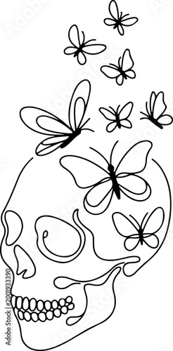 Minimalist continuous line skull with butterflies surreal concept abstract single line drawing modern outline illustration