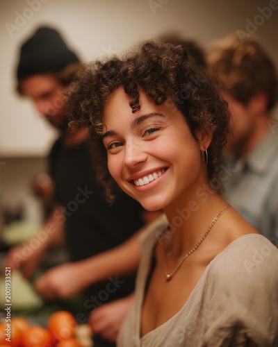 Smiling young woman with curly hair cooking in kitchen. Happy moment with friends or family, blurred background with fresh ingredients
