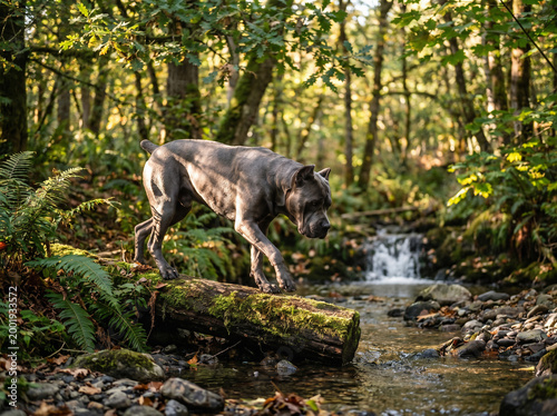 Cane Corso dog walking through a sunlit forest near a creek