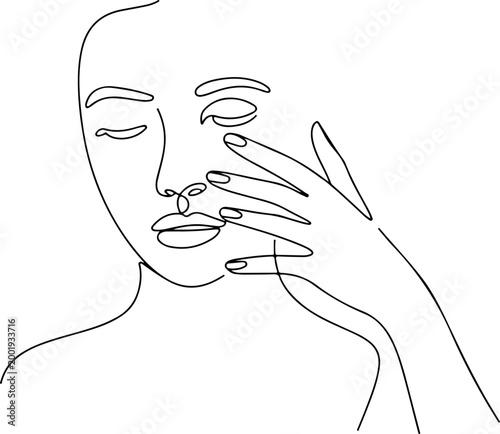 Minimalist continuous line woman face with hand beauty skincare concept abstract single line drawing modern outline illustration