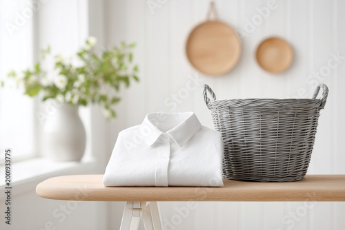 Neatly folded white shirt and grey wicker laundry basket on light wooden surface in bright, minimalist home interior with vase of green foliage
