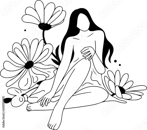 Minimalist continuous line woman sitting with flowers feminine beauty nature concept abstract single line drawing modern outline illustration