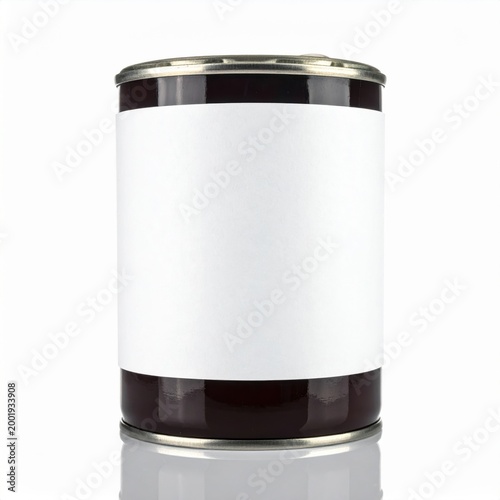 Isolated metal tin can with blank white label for packaging mockup, food storage, canned goods, pantry supplies, product branding template