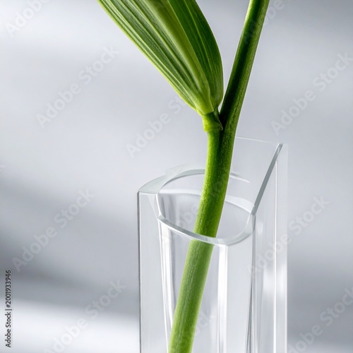 Fresh green plant stalk in modern clear glass vase, closeup botanical detail, interior decor element, purity, simplicity, nature in home office