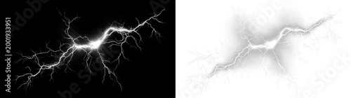 Foto White lightning bolt isolated on transparent and black background with electric
