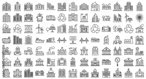Collection of diverse architectural building icons in black and white.