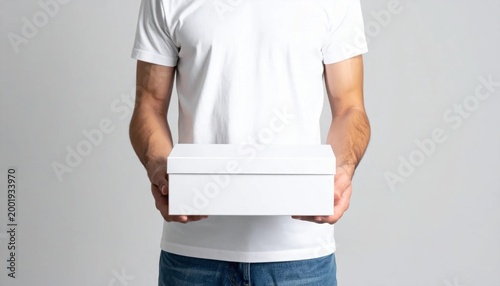 Person in white shirt holding empty white box with hands, mock up for product presentation, delivery service, shopping commerce, parcel shipping