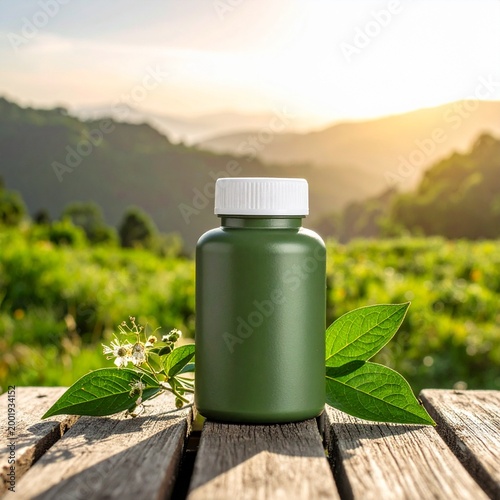 green plastic bottle with white cap surrounded by leaves on wooden surface, organic supplement packaging, herbal medicine, natural skincare, health wellness