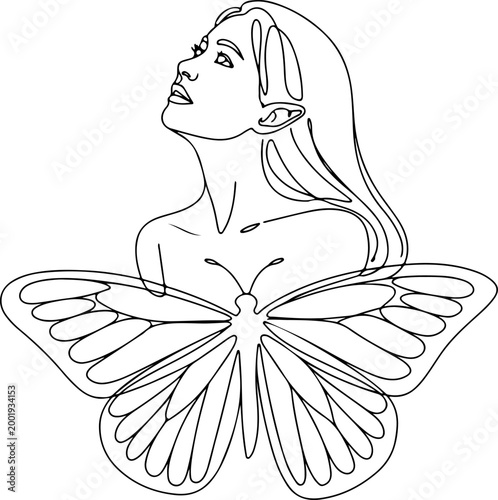 Minimalist continuous line woman with butterfly wings fantasy portrait abstract single line drawing modern outline illustration