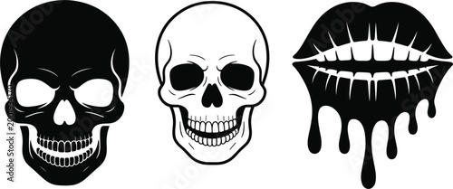 Skull and dripping lips illustration set in bold black gothic horror style