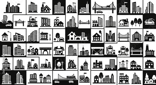 Collection of diverse building icons in black and white graphic style.