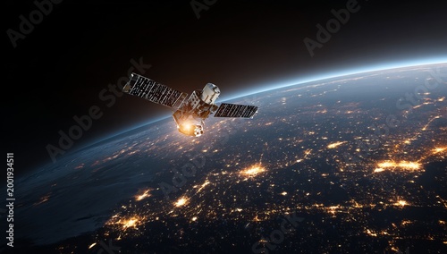 Satellite Orbiting Earth at Night - A Technological Marvel in Space.