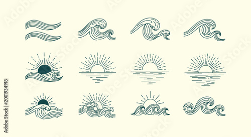 Vintage Linear Sea Wave and Sun Logo Icons Collection for Surf Branding and Nautical Graphic Design