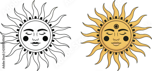 Celestial sun face illustration with mystical design in vintage and boho style