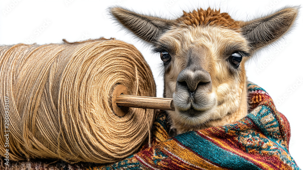 Fototapeta premium Alpaca wearing colorful scarf holds large spool of twine with south america, animal portrait