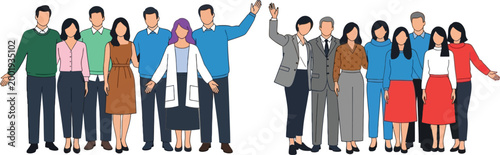 Group of Diverse Professional and Casual People in Flat Vector Style for Corporate, Teamwork, and Social Media Designs, Ideal for Website Illustrations, Presentations, and Marketing Materials