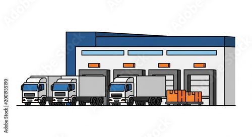Large Modern Warehouse with Multiple Delivery Trucks.