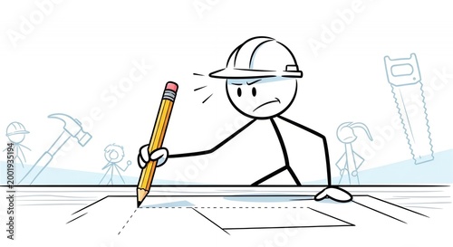 Frustrated Stickman Architect Blueprint Design with White Background