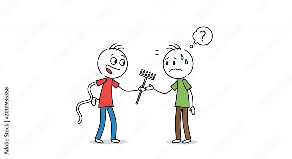 Fototapeta premium Frustrated Stickman Offering Flowers with Question Mark on White Background Cartoon Style