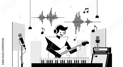 Musician Playing Guitar with Microphone and Audio Equipment.