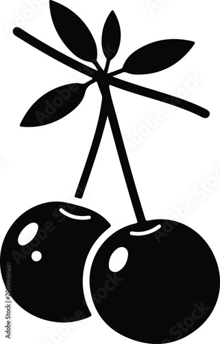 Silhouette vector illustration of fresh ripe cherries with green leaves design