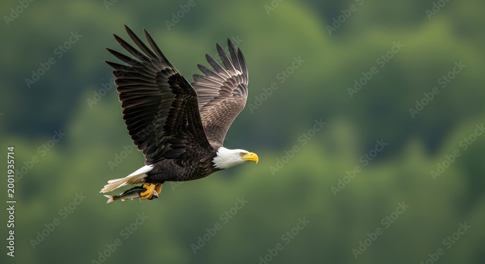 Fototapeta premium Bald eagle in flight with fish over a forest