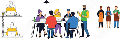 Group of People in a Coffee Shop with Laptops and Drinks, Socializing, and Working Remotely, Illustrating Modern Workspace Environment