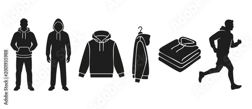 Hoodie sweatshirt silhouette icon set, men wearing hoodies and folded clothing apparel collection, vector illustration of casual sportswear fashion design elements on a clean white background for web