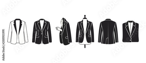 Blazer jacket fashion icon set, business suit silhouette collection for clothing design, formal wear apparel template with front side and back views, minimalist graphic elements for retail and store l