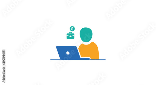 person working at laptop with briefcase and dollar sign above