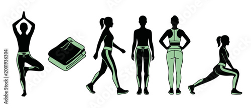 Yoga Woman Silhouettes and Fitness Apparel Design Set, Exercise Poses with Folded Sports Clothing Vector Illustration for Activewear Collection Catalog, Stretching and Training Concepts Isolated White