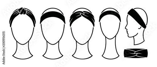 Headband vector set, fashion accessories for hair, stylish elastic headbands on mannequin head silhouettes, knotted and simple fabric hair bands for women and girls, minimalist black and white design.