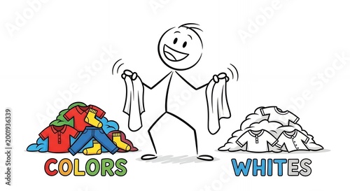 Happy Stick Figure Sorting Laundry With Colorful And White Clothes