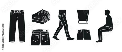 Jeans pants icon set, denim clothing vector collection, casual trousers apparel collection, folded pants, walking legs and silhouette of man sitting in jeans for fashion design and retail store brandi