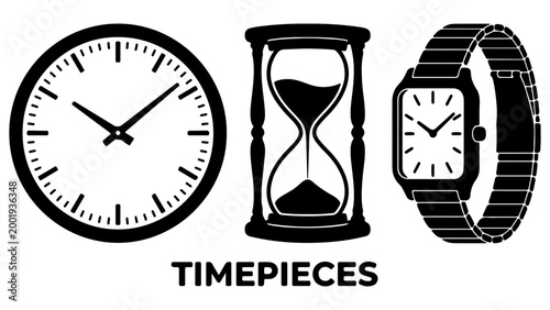 Black and White Timepieces Icon Set Featuring Wall Clock Hourglass and Wristwatch Isolated Vector Illustration