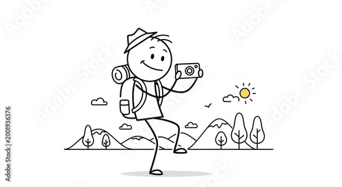 Happy Stick Figure Tourist Taking Photo in Nature Landscape with White Background