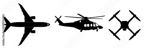Black Silhouettes of Airplane Helicopter and Drone Aircraft Set Isolated on Transparent Background