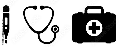 Medical Icons Set with Digital Thermometer Stethoscope and First Aid Kit Isolated on Transparent Background